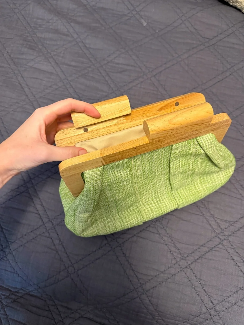 Francesca's Collections Lime Green Fabric Clutch with Wood Frame